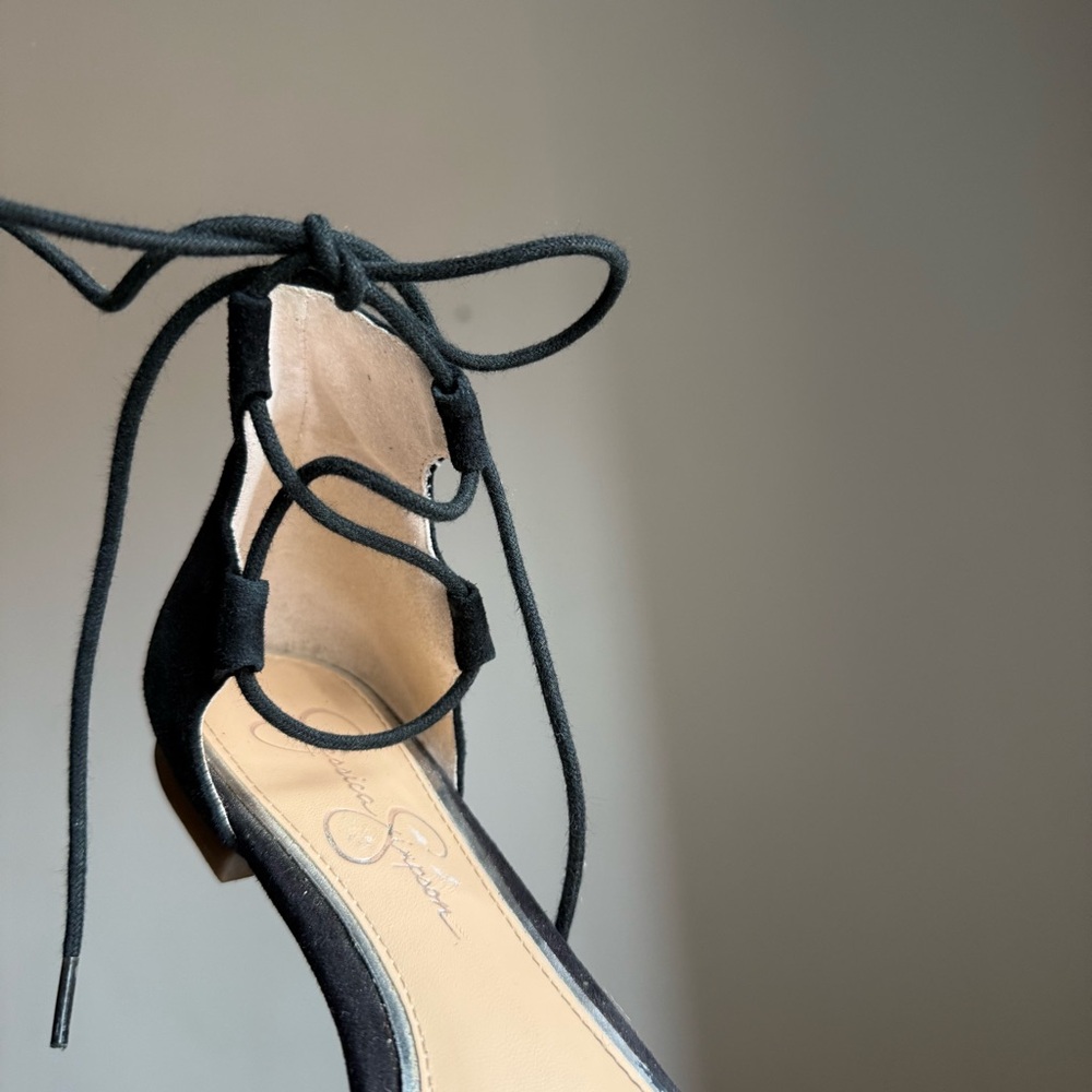 Jessica Simpson Suede Black Lace-Up Flats Size US 7,5 EU 37,5 Ankle Tie - Picture 14 of 14